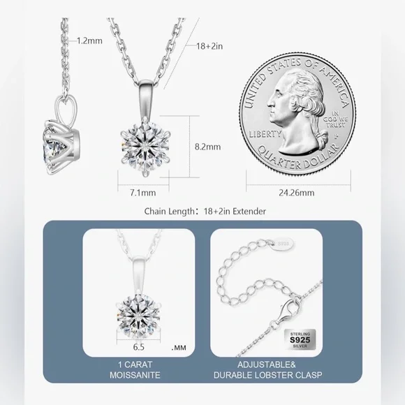 1.0 carat MOISSANITE ROUND PENDANT NECKLACE S925Sterling silver/gold plate chain - Picture 3 of 5